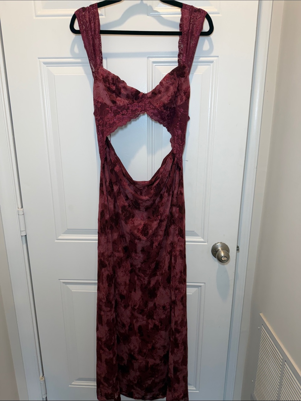 Vici Burgundy Lace Backless Cutout Maxi Dress